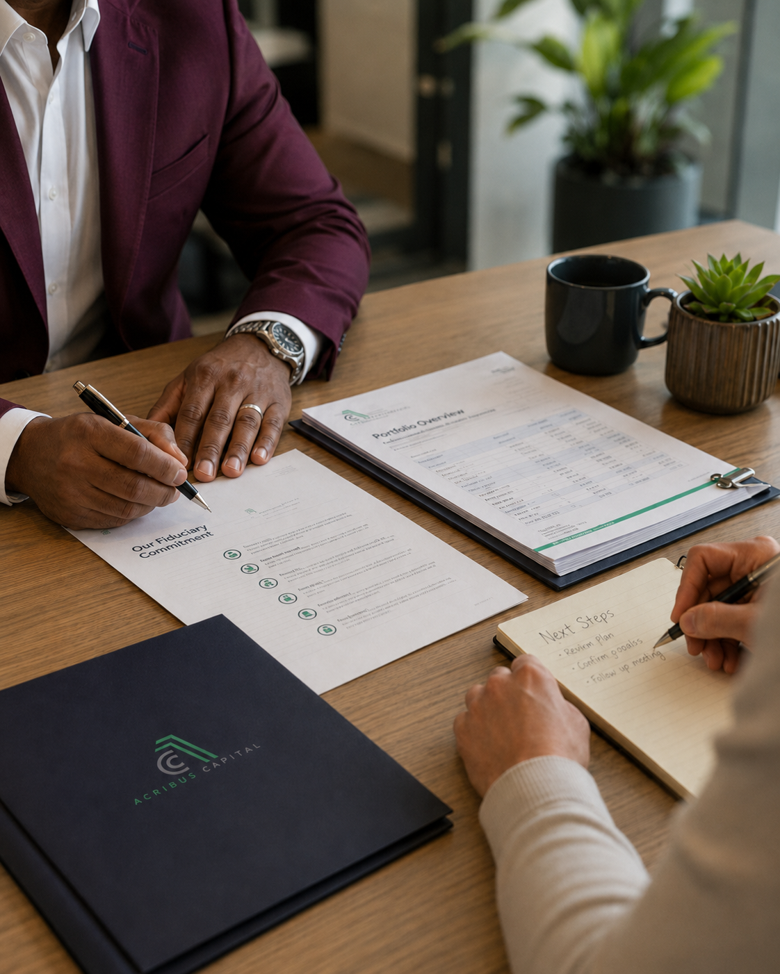 Acribus Capital advisor reviewing advisory documents